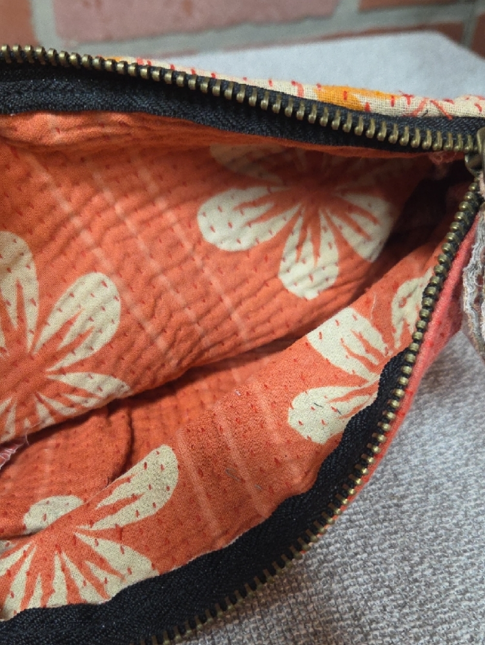 Hand Crafted Kantha Pouch Orange/Tan #44 - Picture 2 of 3